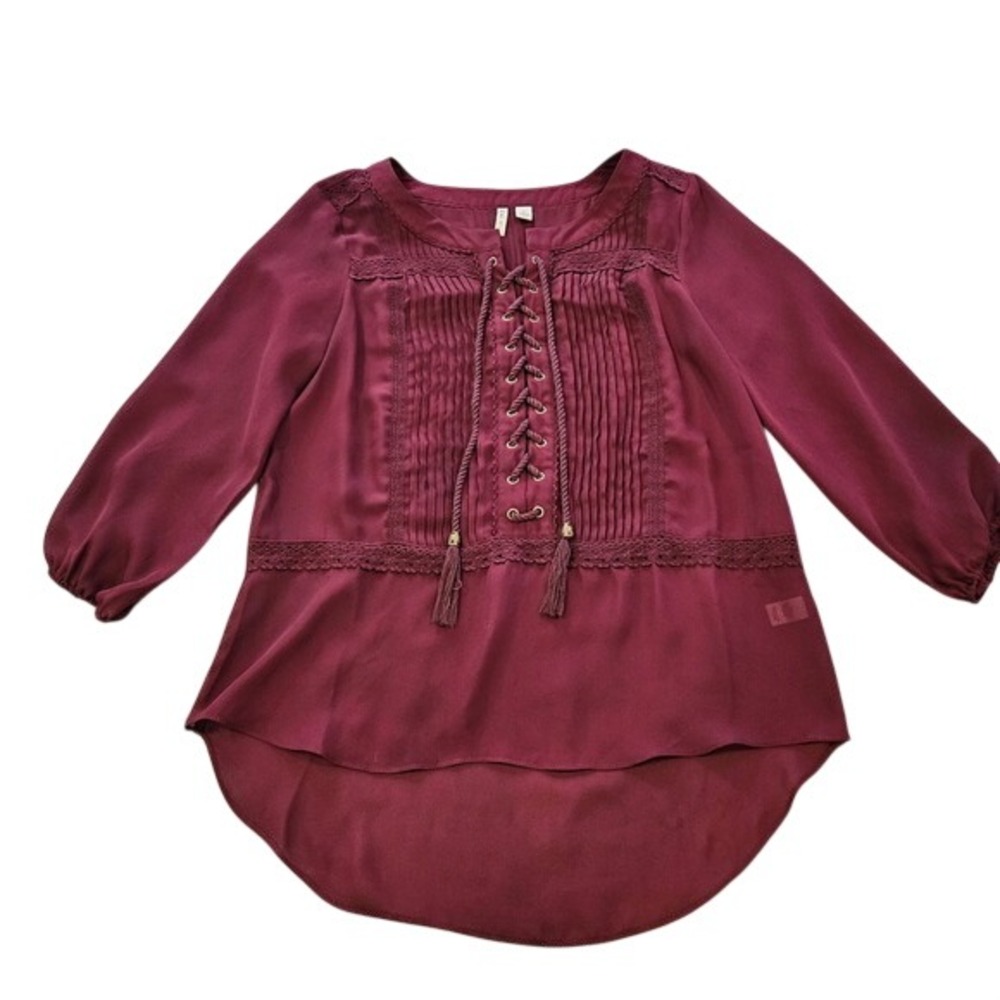 Cato Womens Burgundy Lace Up Pintuck Blouse Boho Crochet High Low Top Small